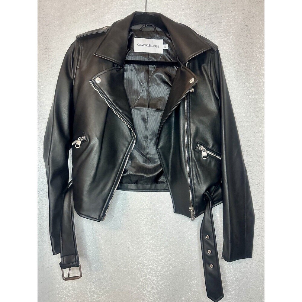 Calvin Klein Womens Black Faux Leather Motorcycle Biker Jacket Zip belted Small
